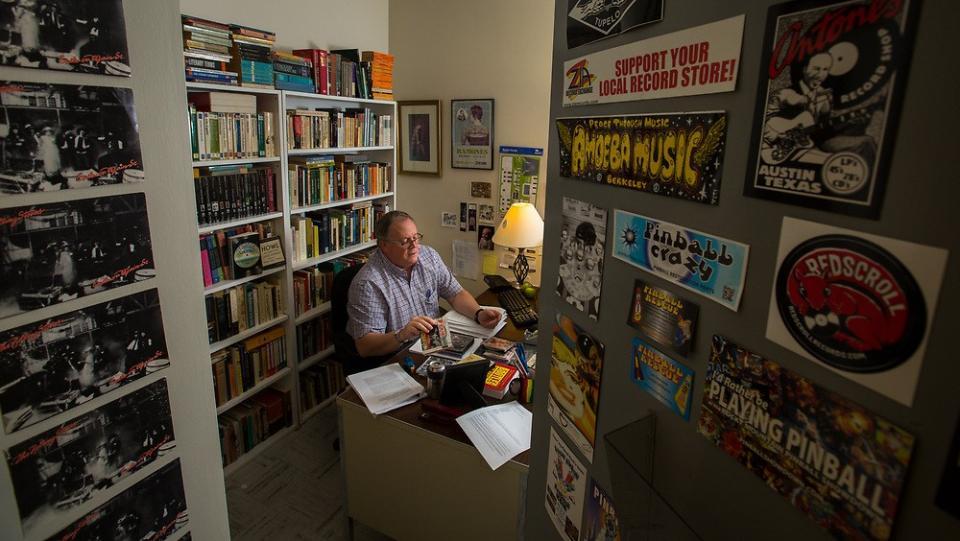 Steve Farmer's extensive book and music collections are visible from the doorway of his LL office in this 2015 photo by Charlie Leight/ASU. 