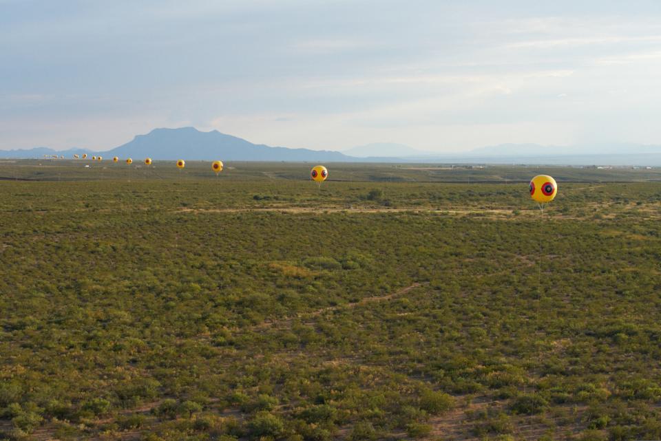 A view of Repellent Fence installation, October 2015 / Photo courtesy Postcommodity