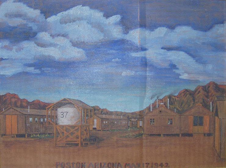 A 1942 painting of a WWII Japanese internment camp: Poston Relocation Center in Arizona. Painting on cardboard by Tom Tanaka. Photo by Dark Tichondrias on Wikipedia. Used under CC 3.0.