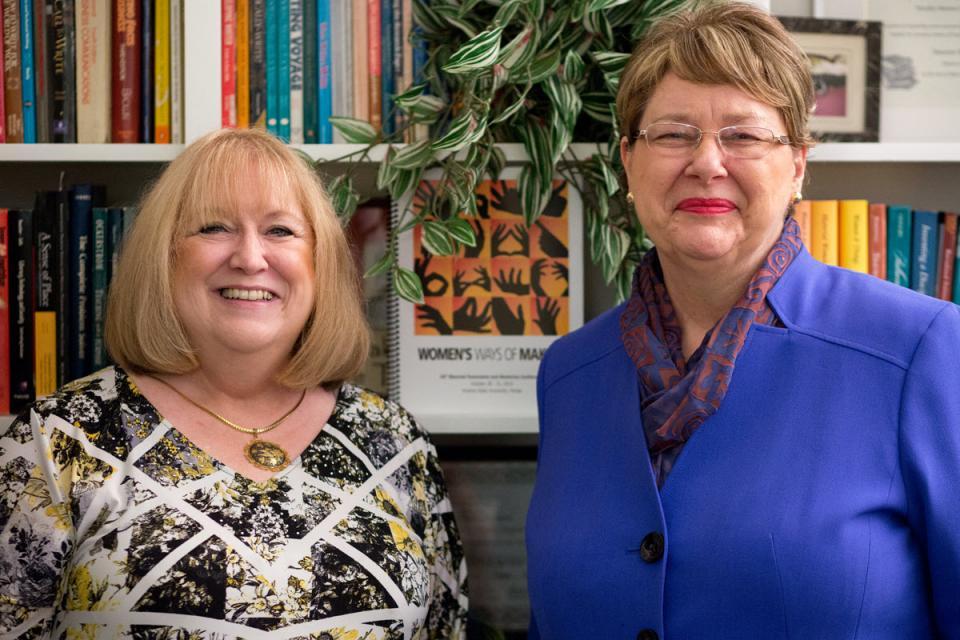 The author, Shirley Rose (right) co-chaired the 2015 Feminisms and Rhetorics Conference with Maureen Daly Goggin (left), which was hosted at ASU. Photo by Courtney Pedroza/ASU.