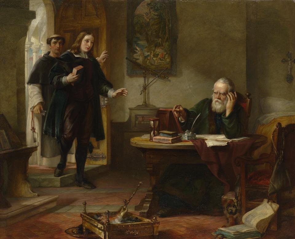 John Milton visiting Galileo when a prisoner of the Inquisition. Oil painting by Solomon Alexander Hart, 1847. Image courtesy of Wellcome Images via Wikimedia Commons.