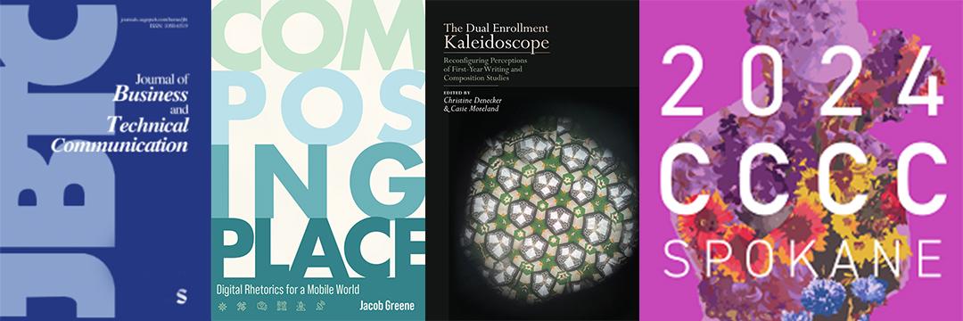 A collage of book and journal covers that were celebrated at the 2024 CCCC conference