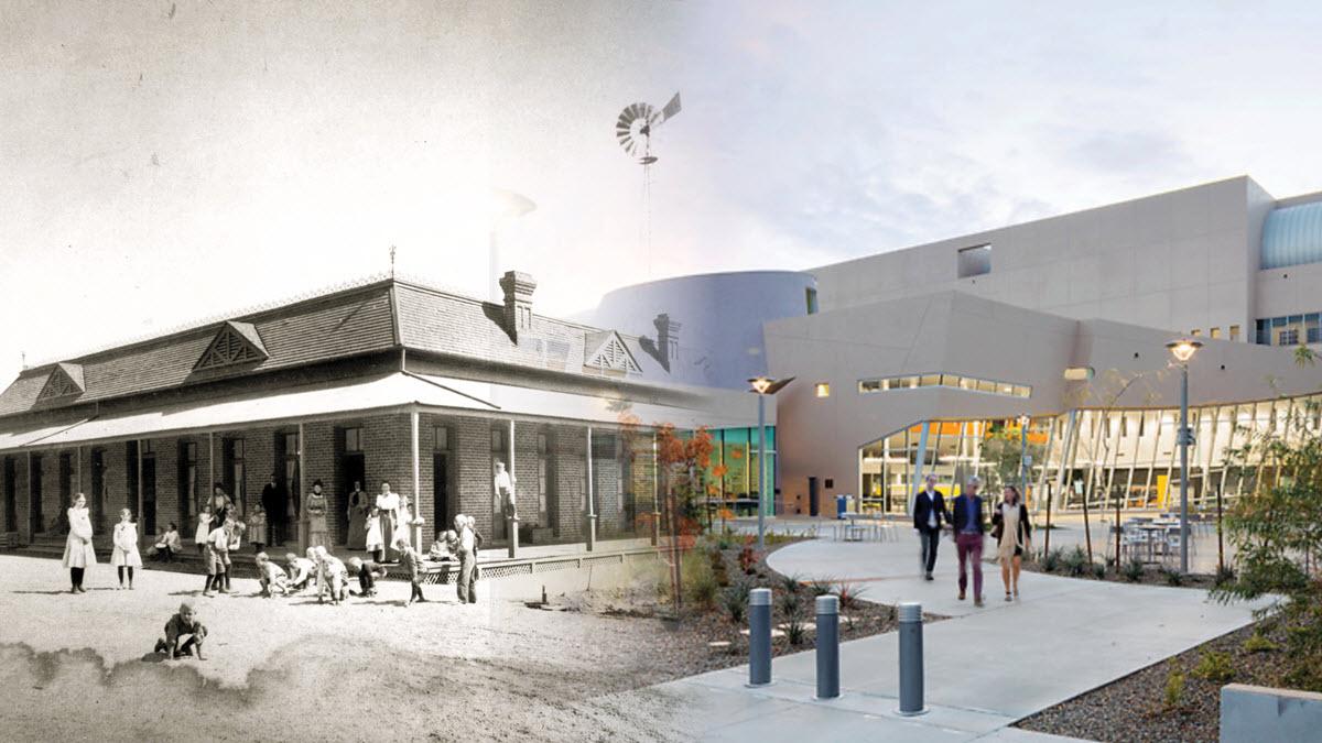 A collage of ASU's original building (now razed) fading into the current home of the Department of English, Ross-Blakley Hall.