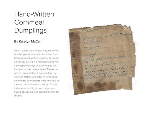 Image of a recipe and narrative included in the cookbook / Courtesy